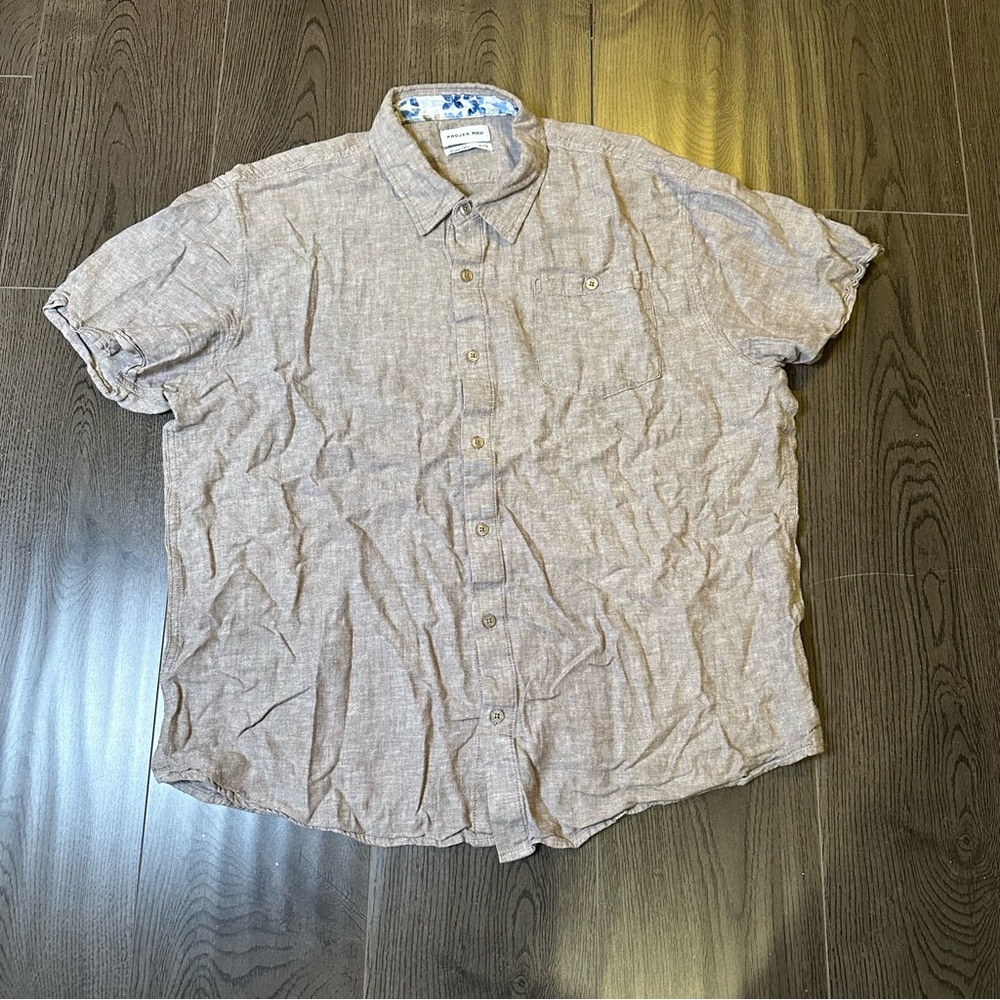 Projek Raw Linen Blend Shirt Mens XL Tan Short Sleeve Button Up Casual